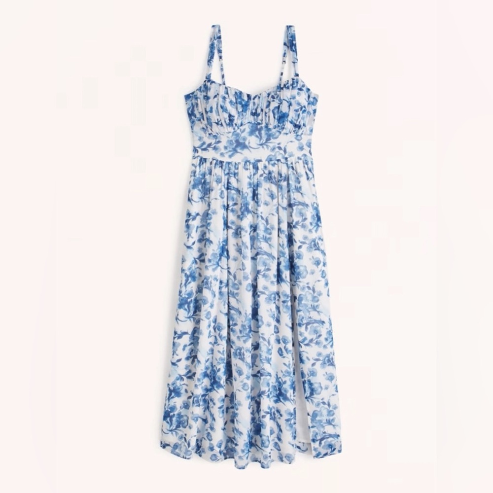 Abercrombie & Fitch Women's Midi Blue and White Dress / Medium